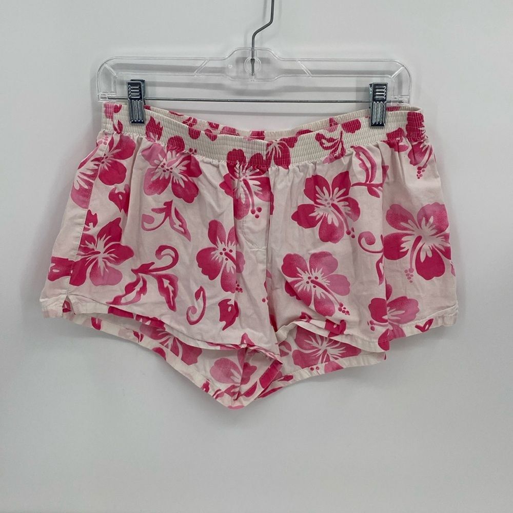 t heart Hibiscus Lounge Shorts White Floral Shorty Elastic Waist Women's Large